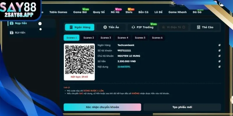 Bảng đối chiếu nội dung chuyển khoản và trạng thái xử lý.