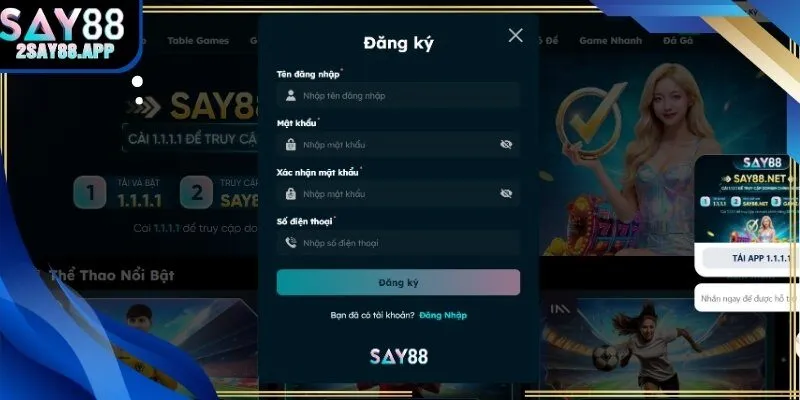 Giao diện đăng ký say88 hiển thị đầy đủ các trường thông tin bắt buộc.