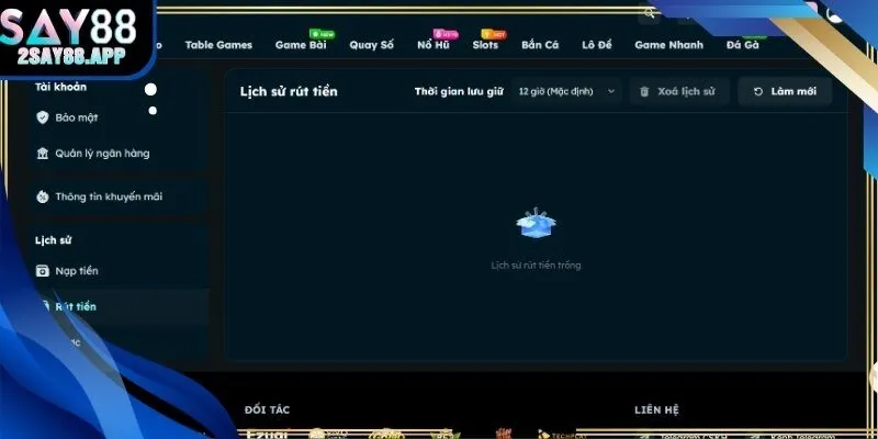 Giao diện lịch sử giao dịch rút tiền say88 hiển thị trạng thái xử lý.